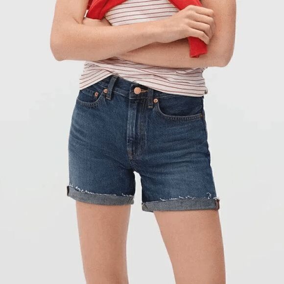 Everlane Dark Wash Blue Denim Cut-off Cuffed Relaxed Jean Shorts Women's Size 24 - Picture 1 of 6